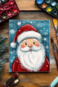 Hand-painted Christmas card of Santa with a jolly expression, surrounded by snowflakes. Christmas Drawing Painting, New Christmas Card Ideas, Christmas Cards Painting Ideas, Christmas Painting Inspiration, Christmas Inspired Paintings, Cute Santa Painting, Diy Santa Painting, Diy Kid Christmas Cards, Christmas Cookies Painting