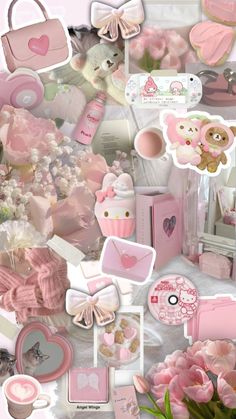 a collage of pink and white items including teddy bears, hearts, flowers, socks, purses and more