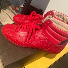 Red Men’s Gucci Sneakers Small Scuff On Tip Of One Sneaker Gently Used Condition Authenic Gucci Sneakers, Gucci Shoes, Shoes Men, Mens Shoes Sneakers, Shoes Mens, Men's Shoes, Shoes Sneakers, Man Shop, Gucci