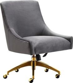 a grey office chair with gold wheels and casteors