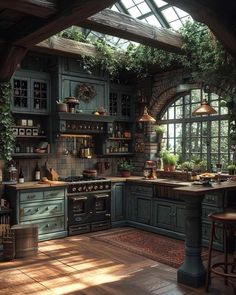 an old fashioned kitchen with green cabinets and wood flooring is pictured in this image