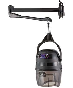 a black and silver vacuum is hanging from the ceiling with a handle on it's head