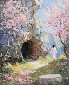 a painting of a person walking down a path with pink flowers on the trees and rocks