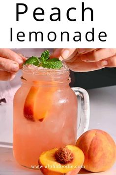 peach lemonade in a mason jar with mint garnish