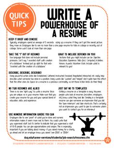 an orange and white poster with the words, quick tips to write a resume