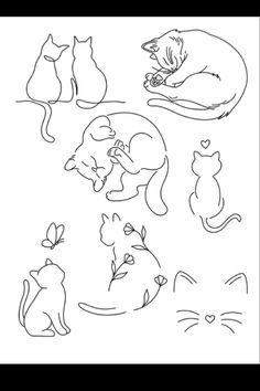 several cats and kittens are depicted in this black and white drawing