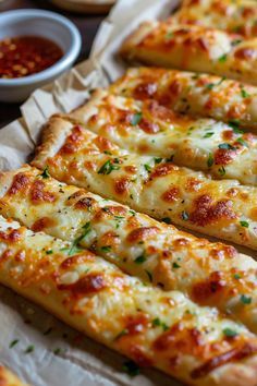 several slices of pizza sitting on top of a wooden table next to dipping sauces