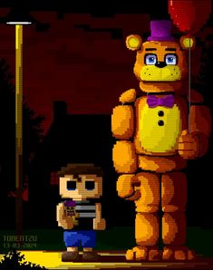 a pixel art image of a man standing next to a giant teddy bear with a balloon in his hand