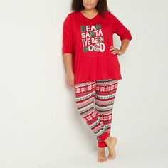 This women's plus pajama set by Sleep Chic has a festive theme that's perfect for your holiday sleepwear rotation. Made from soft stretch-jersey, this set includes a long-sleeve graphic v-neck pajama top and a pair of coordinating printed pants with an elastic-drawstring waist, side slip pockets and cuffed legs. 1st Piece Description: Top1st Piece Apparel Length: 30 Inches1st Piece Fabric: Jersey1st Piece Fiber Content: 96% Polyester, 4% Spandex1st Piece Care: Machine Wash, Tumble Dry2nd Piece … Pajamas Plus Size, Pajama Top, Pajama Sets, Christmas Pajamas, Womens Tunics, Printed Pants, Drawstring Waist, Pajama Set, Pajamas