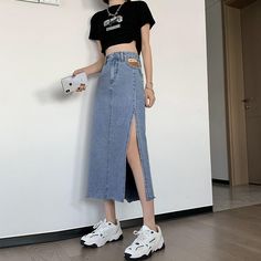 Color: Light Blue, Size: M Trendy Stretch Blue Denim Skirt, Chic Blue Stretch Denim Skirt, Chic Mid-rise Blue Denim Skirt, Chic High Rise Blue Skirt, Split Jeans, Denim Long Skirt, High Waist Denim Skirt, Woman Skirt, Korean Clothes