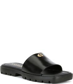 From COACH&#x2C; the Florence Leather Slide Sandals feature: Leather upper Slip-on closureSynthetic lining EVA outsole Approx. 0.25" heel height Imported. Coach Slides, Coach Sandals, Sun Goddess, Black Lounge, Beautiful Sandals, Cute Heels, Leather Slide Sandals, Leather Slides, Coach Shoes