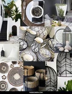 the collage shows different types of baskets and vases in various colors, shapes, and sizes