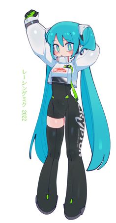 an anime character with blue hair and black pants, holding her arms up in the air