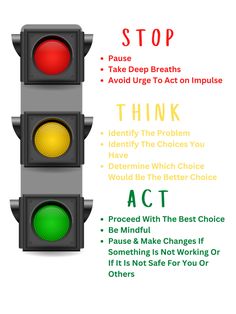 a traffic light with the words stop and think above it, below it is an image of