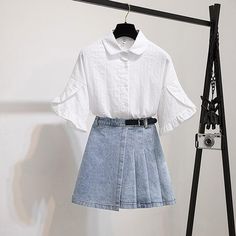 Fashion Blouse+denim Pleated Skirt P11509 Casual Pleated Short Sleeve Blouse, Casual Short Sleeve Pleated Blouse, Casual Pleated Relaxed Fit Blouse, Denim Tops For Spring Mini Length, Casual Pleated Tops For Day Out, Denim Mini Top For Spring, Summer Mini Pleated Denim Skirt, Spring Denim Mini Skirt For Work, Pleated Denim Mini Skirt For Summer