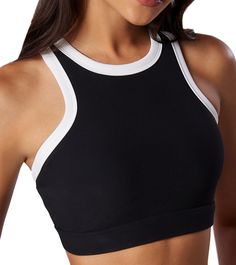 PRICES MAY VARY. 75% Nylon, 25% Spandex Imported Pull-On closure 【Sports Bra with Padding】Use the ribbed fabric, the crop top workout shirt for women is soft, elastic, breathable, lightweight 【Features】 Sleeveless yoga top, high neck sports bra, white and black colorblock, elastic band, removable pads 【Back Design】 Racerback sports bra ensure the freedom of your movement, offers you charming back look 【Bulit in Bra】 Built in shelf bra with removable pads for the overall support and convenient ad Seamless Racerback Sports Top, Sporty Compression Crop Top For Summer, Workout Crop Top With Medium Support And Crew Neck, High Stretch Breathable Cropped Tops, Breathable High Stretch Cropped Tops, Moisture-wicking Black Crop Top Activewear, Black Moisture-wicking Crop Top Activewear, Seamless Crew Neck Crop Top For Workout, Fitted Crew Neck Sports Bra For Workout