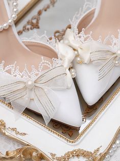 ❤︎ Pearl strap lace ribbon heel❤︎ Ribbon Heels, Hak Tinggi, Pretty Heels, Fairy Shoes, All Black Shoes, Cute Shoes Heels, Fancy Shoes, Cute Heels, Girly Shoes