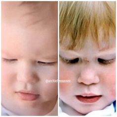 two pictures of a young boy with his eyes closed