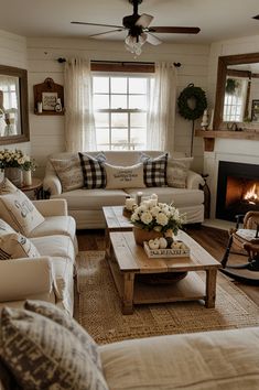 a living room filled with furniture and a fire place