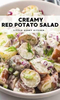 creamy red potato salad in a white bowl with the title overlay reads, creamy red potato salad