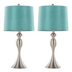 pair of modern metal table lamps with turquoise shade shades on each lamp and the base