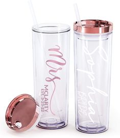 two personalized tumblers with lids and straws are shown in front of each other