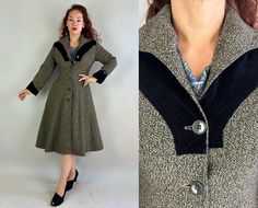 The perfect coat for fit and flare dresses, this 1950's piece will keep you fabulous in the winter cold! This princess cut coat is made of black and white wool mottled for an overall grey effect. It is accented with panels of velvet on the yoke and makes upward point cuffs. Hip pockets are hidden in the seams and it is fully lined with rayon. From a Japanese label. This coat is in great vintage condition, with no holes, stains, or odors to note.  Measurements taken flat and doubled where appropriate: Bust: 37" Shoulder: 15" Sleeve: 22" Waist: 30" Overall Length: 46" Like the dress? Find it here: https://www.etsy.com/listing/1772958766/ Find our other vintage cozy coats and jaunty jackets here: https://www.etsy.com/shop/OverAttiredVintage?section_id=24135968 Every additional item added to y Fitted Winter Outerwear For Vintage Fashion, Retro Evening Outerwear For Fall, Retro Fall Evening Outerwear, 1950s Fitted Winter Outerwear, 1950s Style Fitted Winter Outerwear, 1950s Style Winter Workwear Outerwear, 1950s Style Winter Office Outerwear, 1950s Style Fitted Vintage Outerwear, Princess Coat