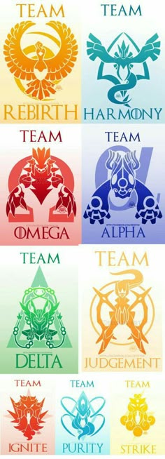 the pokemon team logo is shown in different colors