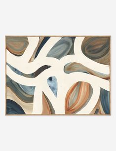 an abstract painting with blue, brown and white colors on the wall in front of it