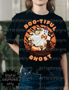 a woman wearing a halloween t - shirt with a ghost on it