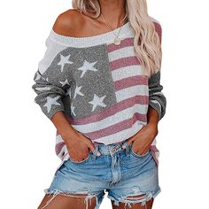 Light Gray Usa Flag Printed Off Shoulder Sweater Spring Americana Long Sleeve Tops, Long Sleeve Americana Sweater For Fall, Americana Long Sleeve Sweater For Fall, Americana Long Sleeve Winter Outerwear, Fall Americana Long Sleeve Sweater, Americana Style Long Sleeve Winter Outerwear, American Flag Print Long Sleeve Top For Spring, Long Sleeve Top With American Flag Print For Spring, Patriotic Long Sleeve Winter Sweater