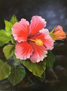 a painting of a pink flower with green leaves