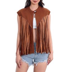 Get a retro vibe in our women's fringe undershirt. Crafted from faux suede, this sleeveless tunic exudes the vibe of 70's hippie wear. Accented with fringe detailing, this undershirt is the perfect statement piece for hippie style. Womens Denim Vest, Denim Party, 70s Denim, Fringe Vest, Hooded Denim Jacket, Hippie Costume, Fringe Jacket, Vintage Blazer, Sequin Tank Tops