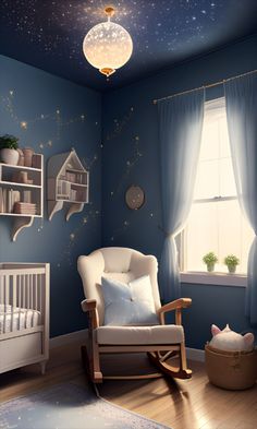 a baby's room with blue walls and stars painted on the ceiling, including a rocking chair