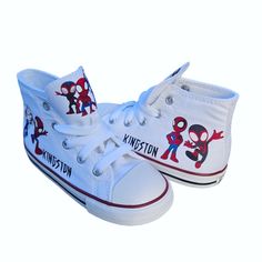 Choose your size and color during check out. Shoes will come to you with the exact images shown.  Name on both shoes. Spidey And Amazing Friends, Gwen Ghost Spider, Spider Miles, Spiderman Gwen, Personalized Converse, Spidey And His Amazing Friends, Miles Spiderman, Converse Custom, Spiderman Kids