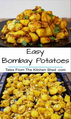 two pictures with different types of food in them and the words, easy bombay potatoes