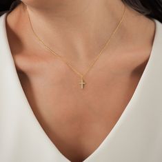 Our 14K Solid Gold Cross Necklace is meticulously designed for women and is also suitable for girls of all ages. This Christian necklace, with its crucifix pendant, is the perfect gift for girls, whether you're commemorating a special occasion or simply expressing your faith. PRODUCT DETAILS • Material: 14K Solid Gold (real solid gold, no gold-filled or no gold plated material) • Choice of Gold Color: Yellow Gold, Rose Gold, White Gold • Gemstone: Cubic Zirconia • Closure: Spring ring • Chain style: Cable • Style: Minimalist Cross Pendant Jewelry For First Communion, Cross Necklace For First Communion, First Communion Cross Pendant Jewelry, Yellow Gold Cross Pendant Necklace For First Communion, 14k Gold Cross Pendant Necklace For First Communion, Yellow Gold Cross Necklace With Diamond Cut As Gift, Yellow Gold Diamond Cut Cross Necklace As Gift, Elegant Personalized Crucifix Necklace, Elegant Crucifix Necklace For First Communion