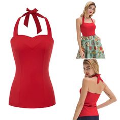 This Great Top Is New With Tags! About This Item Fabric: Lightweight, Light Stretch, And Comfortable For All-Day Wearing Thanks To The High-Quality Fabric Features: Cute And Vintage Sweet Neckline Feminine Tops With Sweetheart Neckline And Built-in Bra, 50s Halter Top, Vintage Fitted Pre-washed Tops, Red Fitted Halter Top With Built-in Bra, Vintage Sleeveless Top With Built-in Bra, 1950s Pin Up, Halter Tie Top, Tie Tops, Tie Top