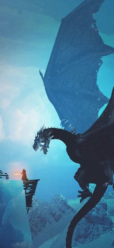 a large dragon flying over a mountain next to a person