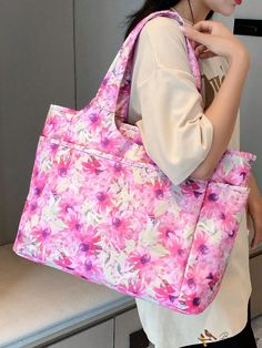 Bird in Bag - Pink Floral Patterned Printed Shoulder Bag, Durable Multi-Pocketed Crossbody Purse Fashion Tote Top Handle Satchel, Spring Canvas Shoulder Bag With Pockets, Spring Shoulder Bag With Pockets For Daily Use, Summer School Shoulder Bag With Pockets, Spring School Bags With Pockets, Spring Tote Shoulder Bag With Pockets, Spring Bags With Pockets For Daily Use, Spring Bags For Daily Use With Pockets, Fabric Shoulder Bag With Pockets For Travel, Fabric Shoulder Bag With Pockets For Daily Use