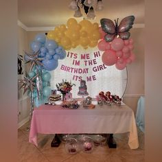 a birthday party with balloons, cake and decorations