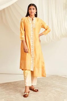 Shop for Sitaraa Yellow Mul Mul Silk Chanderi Kurta And Pant Set for Women Online at Aza Fashions Ombre Pants, Collar Kurta, Chikankari Lehenga, Half Jacket, Bridal Lehenga Red, Silk Kurta, Yellow Silk, Indian Fashion Designers, Kurta With Pants