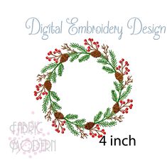 a christmas wreath with pine cones and berries in the center, surrounded by words digital embroidery design