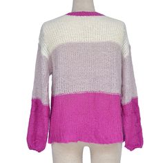 Rosy Colorblock Pullover Sweater White Color Block Cardigan For Layering, Pink Contrast Color Sweater For Spring, Casual Pink Sweater With Contrast Color, Spring Pink Sweater With Contrast Color, Purple Color Block Sweater For Winter, Spring Pink Contrast Color Sweater, Pink Contrast Color Spring Sweater, Pink Crew Neck Sweater With Contrast Color, Casual Purple Color Block Sweater