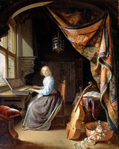 a painting of a woman sitting at a piano