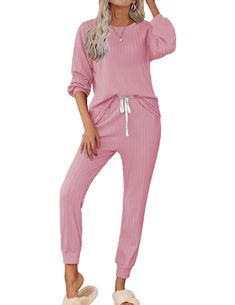 PRICES MAY VARY. Material:Lounge sets for women is made of 96%Polyester4%Spandex.Ribbed Knit fabric,which is so soft,cozy and lightweight Ekouaer womens pajama sets Versatile:This two piece pajamas can be worn as a set, or as separates.With pullover sweatshirt and sweatpants design,able to be dressed up with booties and sneakers. Get comfy and fashionable in this long pjs set,and can be used as home wear,outfits/tracksuit set Top:Long sleeve,pullover top,crew neck,puff sleeve design.Solid Loose- Women Pajamas Set, Pink Matching Sleepwear Set For Loungewear, Pink Loungewear Matching Set Bottoms, Pink Matching Set Sleepwear For Bedtime, Fitted Pink Matching Set Sleepwear, Pink Two-piece Loungewear Sets, Outfit Sets For Women, Matching Lounge Set, Knit Lounge Set