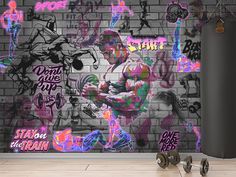 Sport Graffiti Gym Wallpaper Wall Mural & Urban Street Art Motivation Gym Fitness Workout Decor Modern Peel and Stick Self Adhesive Art OMP-482 Materials and quality: PEEL AND STCIK WALLPAPER: For the production of wallpapers, I use Vinyl film of German quality. Vinyl has a good ink adhesion with high resolution and accurate color reproduction, and a strong adhesive layer that will ensure reliable adhesion to the wall for a long time. Eco-solvent and eco-friendly inks that are odorless and tasteless (just kidding ). The printing process is provided by the Japanese printer Mutoh. The printed image is laminated on top with a transparent matte film. This makes the material stiffer, it becomes less flexible and will be easier to apply to the wall. In addition, the image becomes protected from Gym Room Wallpaper, Gym Mural Wall Art, Gym Wall Design, Sport Graffiti, Workout Decor, Alpha Gym, Gym Wall Art, Gym Wall Decor, Gym Wallpaper