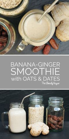 banana - ginger smoothie with oats and dates in mason jars on a table