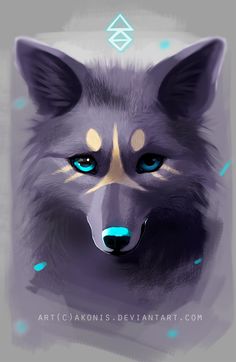 a wolf with blue eyes and gold on it's face is shown in this digital painting