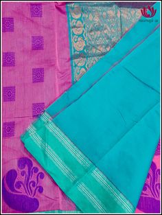 South kota cotton in a pink body with sea green pallu and border. The body has a contrast purple thread work details. The pallu and border has combination of silver and gold zari. This come with an attached, unstitched blouse piece in pink color. A perfect saree for simple occasions. Fall and Pico - not done. Blouse - attached. Please note: Color may vary slightly from the picture. Turquoise Handloom Saree For Festivals, Pink Cotton Handloom Saree, Pink Slub Silk Saree With Zari Work, Pink Chanderi Saree With Traditional Patterns, Pink Self Design Slub Silk Saree, Pink Slub Silk Dupatta With Self Design, Pink Cotton Handloom Dupatta, Pink Slub Silk Saree For Festivals, Pink Cotton Silk Traditional Wear For Festivals